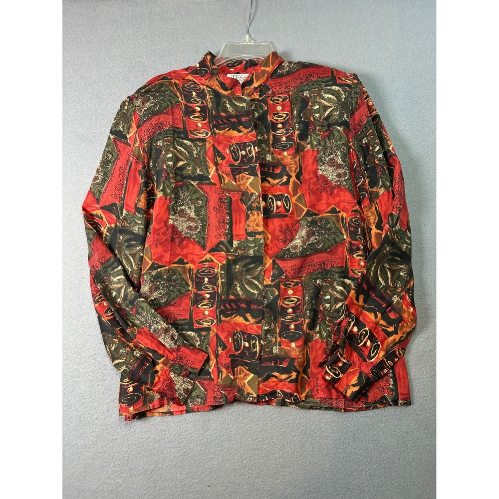 TESS Vintage 100% Silk Abstract Geometric Print Mandarin Collar Blouse Red Sz 14